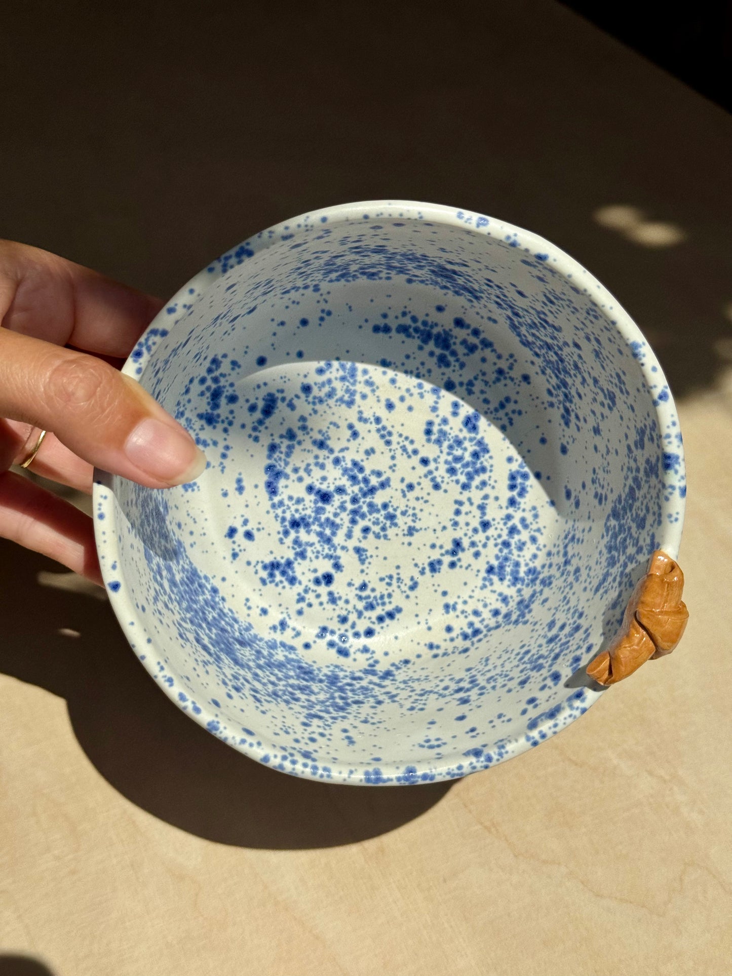 Blue speckled croissant bowl large